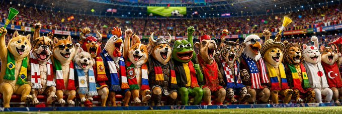 A lively scene features various anthropomorphic animals—dogs, lions, an eagle, and a viking—dressed in international flags (Brazil, England, Spain, Portugal, USA, Germany, Japan, Turkey) cheering in a packed stadium, with the viking holding a trophy. The image ties into the post's "$FANINI" token by portraying a global, competitive spirit reminiscent of a World Cup or fan challenge, complementing the call to collect stickers, win rewards, and compete with others on Solana.