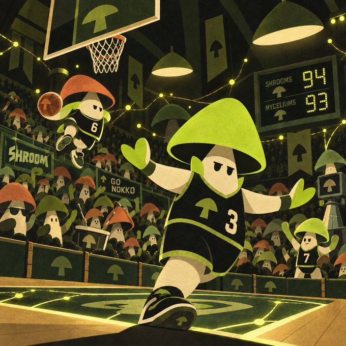 A stylized digital illustration of an animated mushroom character wearing a '3' jersey playing basketball in a stadium filled with mushroom spectators, with a scoreboard reading 'SHROOMS 94 MYCELIUMS 93'.