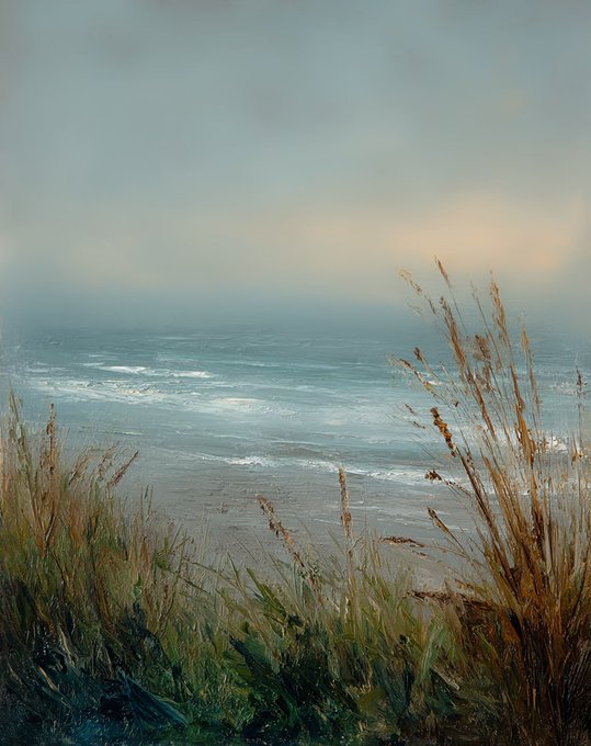 The image features an oil painting of a beach scene with tall grasses near the water's edge. The painting captures the essence of nature and the beauty of the ocean. The artist has used various shades of green, brown, and blue colors to create depth and texture in their artwork. The post includes text that reads "Gm friends! Happy Thursday! Letter to the Wind - like a letter sent to the wind". This message adds an interesting layer to the painting, as it seems to be a reference or interpretation of the scene depicted in the artwork.