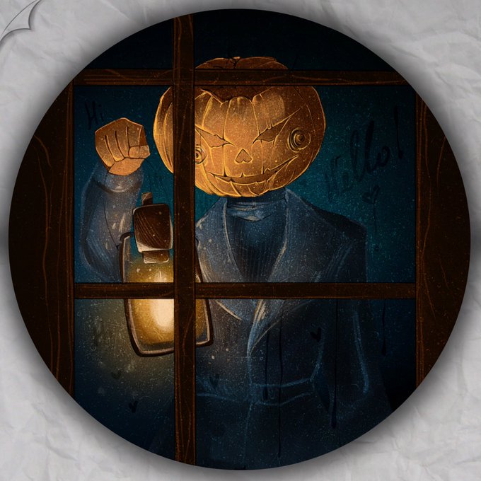 A circular illustration shows a figure with a glowing jack-o'-lantern head holding a lantern, viewed through a window pane, with 'Hi!' and 'Boo!' written on the glass.