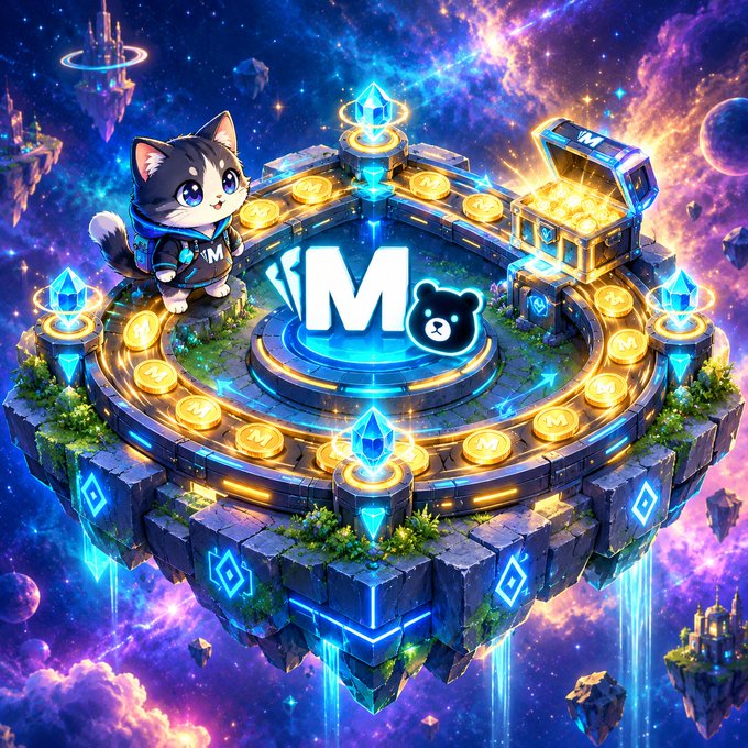A vibrant digital illustration shows a cartoon cat in a hoodie standing on a floating stone platform adorned with gold 'M' coins, blue crystals, and a treasure chest, set against a colorful cosmic space background.