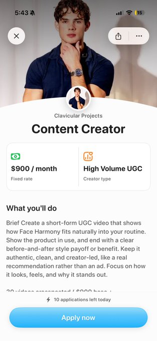 The image shows a mobile app screen displaying a "Content Creator" job listing from "Clavicular Projects" offering $900/month for "High Volume UGC" short-form video content featuring Face Harmony. It relates to the post by showcasing the successful creator collaboration opportunity on SideShift, with a visible "Apply now" button and "10 applications left today" notification, indicating the pitch to work with Clav on SideShift has resulted in this available gig.