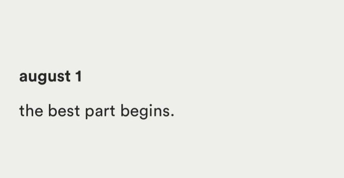 The image displays a text message celebrating the beginning of the month of August with the phrase "the best part begins." This message likely comprises the opening of August in a calendar or scheduling software. The related tweet "August is here, gm family," denotes the start of the month and includes a greeting to a community referred to as the "gm family."
