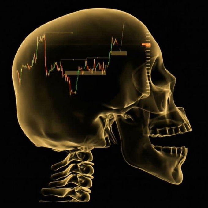A golden, X-ray style illustration of a human skull with a stock market candlestick chart displayed inside the head against a black background.