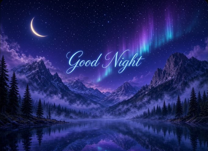A serene night landscape featuring snow-capped mountains, a calm reflective lake, pine trees, a crescent moon, and aurora borealis, with the text 'Good Night' in the sky.