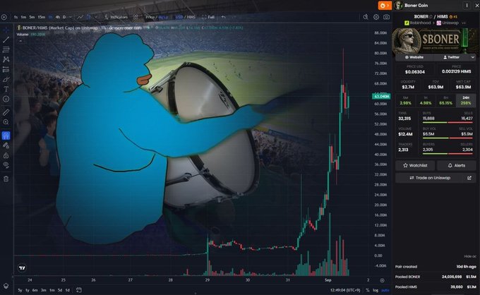 A screenshot of a TradingView chart for BONER/USDC shows a massive price spike, overlaid with a cartoon image of a blue character examining a rocket ship. The accompanying post references recent all-time highs (ATHs) in DEX over the last 24 hours, mentioning tickers like $SPACEHOOD, $AI, $STONK, $PONS, and $UP, highlighting the explosive crypto market activity.