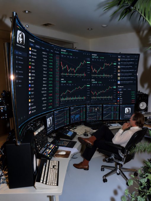 A person sits in a chair surrounded by multiple curved screens displaying stock tickers, cryptocurrency charts, and live market data, including "Bitcoin 66,420.15" and "Ethereum 3,872.21," reinforcing the boast of managing a $1.83 million portfolio on "Minara."