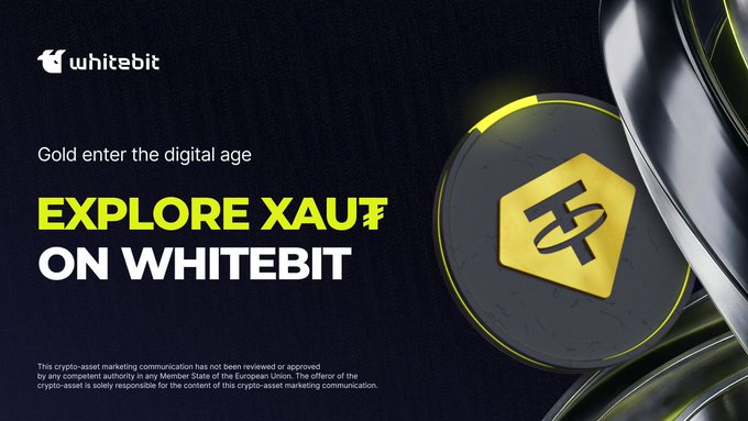 This image advertises XAU₮, a digital asset backed by physical gold, available on WhiteBIT. The accompanying text highlights XAU₮'s eligibility for the "First Crypto Boost" promotion upon purchasing 50 USD₮ or equivalent.