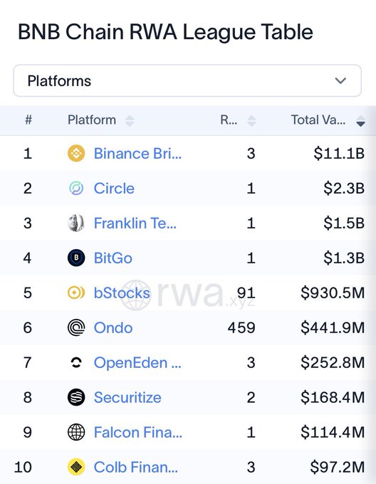 A 'BNB Chain RWA League Table' ranks platforms by Total Value, led by Binance Brid... ($11.1B), Circle ($2.3B), Franklin Te... ($1.5B), and BitGo ($1.3B), with an 'rwa.xyz' watermark.