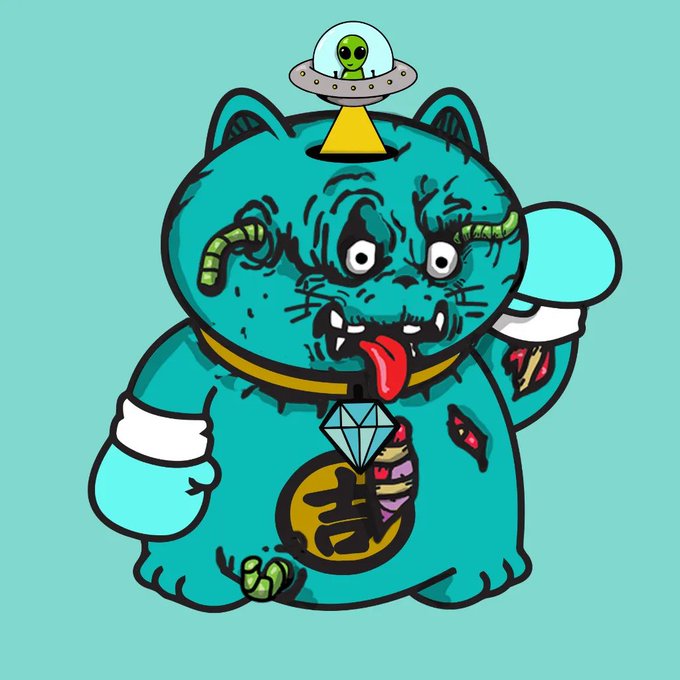 A cartoon drawing of a teal, feline-like creature with horns, a tongue sticking out, and a UFO on its head, holding a diamond.