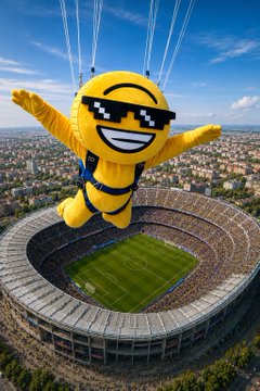 The image features an oversized yellow mascot balloon with sunglasses, giving off a fun and playful vibe. The balloon is floating above a soccer stadium filled with people watching the game below. A large crowd has gathered around the stadium, creating a lively atmosphere. The balloon's presence adds excitement and entertainment to the scene as it floats above the spectators.