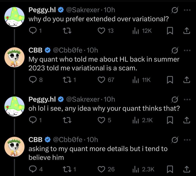 A Twitter thread shows Peggy.hl (@Sakrexer) asking CBB (@Cbb0fe) why he prefers @extendedapp over @variational_io. CBB says his quantitative analyst told him “variational is a scam,” reinforcing the accompanying claim that he favors Extended and considers Variational fraudulent.