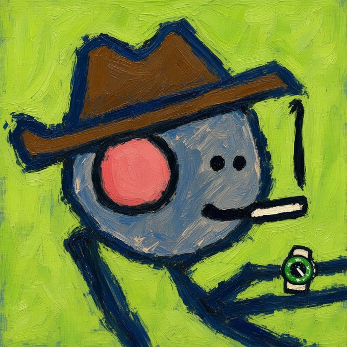 An expressionist-style painting of a round, gray cat-like character wearing a brown cowboy hat, smoking a cigarette, with a pink button or badge, set against a vibrant green background.