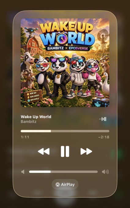 A music player interface displays the song 'Wake Up World' by Bambitz, playing at 1:11 with -2:18 remaining, featuring colorful cartoon pandas on the album artwork.