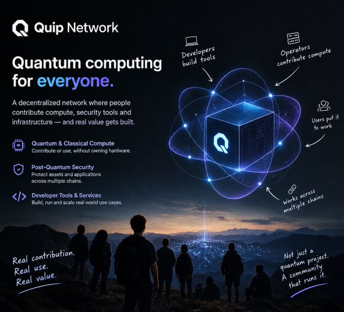 A promotional graphic for 'Quip Network' titled 'Quantum computing for everyone,' describing a decentralized network with features like Quantum & Classical Compute, Post-Quantum Security, and Developer Tools & Services, accompanied by an illustration of a glowing quantum cube with people silhouetted against a city skyline.