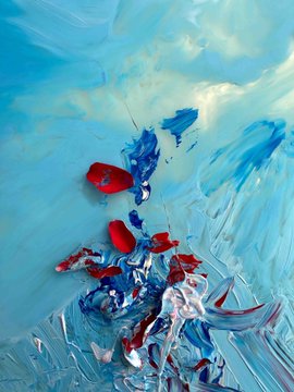 An impressionistic oil painting with thick, expressive brushstrokes depicting red and blue floral forms against a soft turquoise and white background.