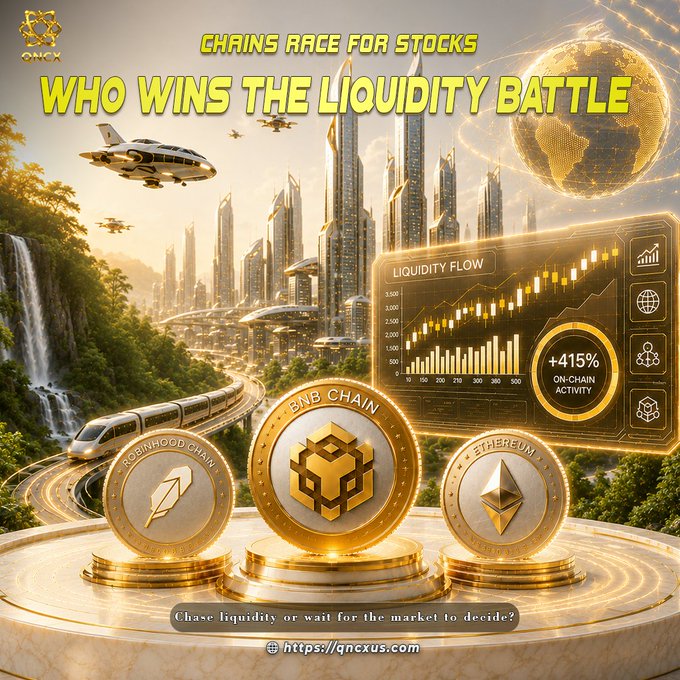 A promotional graphic titled "CHAINS RACE FOR STOCKS: WHO WINS THE LIQUIDITY BATTLE" features three golden cryptocurrency coins labeled "Robinhood Chain," "BNB Chain," and "Ethereum" displayed on pedestals, with a "LIQUIDITY FLOW" chart showing a +415% on-chain activity metric. The futuristic cityscape backdrop with flying vehicles and a digital globe reinforces the post's theme of tokenized stocks surging 415% and the race among blockchains for on-chain stock trading liquidity.