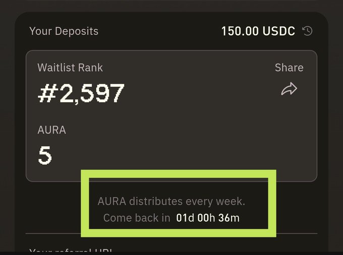 The image shows a dashboard for an Aura cryptocurrency trading account. The dashboard displays information about a recent USDC deposit, including the amount of $150,000 and its rank as a waitlist/rank winner. Additionally, there is a section on the dashboard highlighting how much of their current rewards have been gained since depositing the money into the wallet. The post mentions that users will be able to see this information when checking their daily progress in 1 hour. It also suggests that the user should take note that they've reached one week's worth of gains, which can further extend to a whole month if they continue investing consistently and earn rewards as expected.