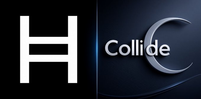 Two logo designs displayed side by side: a white minimalist 'H' letterform on black, and a metallic silver 'Collide' logo with a crescent moon design on a dark blue background.