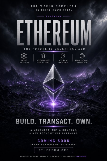 A promotional poster for Ethereum featuring its diamond logo, with text declaring "THE WORLD COMPUTER IS BEING REWRITTEN," "THE FUTURE IS DECENTRALIZED," and "BUILD. TRANSACT. OWN.," promoting ethereum.org.