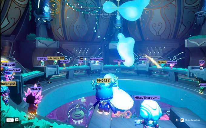 A screenshot from a video game called 'Temple of the Spark' shows multiple player avatars with usernames like 'PM07211', 'MikeyThereum_', 'Clutch', 'Makaveli', and 'DinoSpore' in a circular arena with glowing blue elements.
