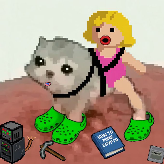 A pixel art image showing a blonde girl in a pink shirt and green Crocs riding a white dog, surrounded by mining equipment, a pickaxe, and a 'HOW TO MINE CRYPTO' book, referencing crypto mining.