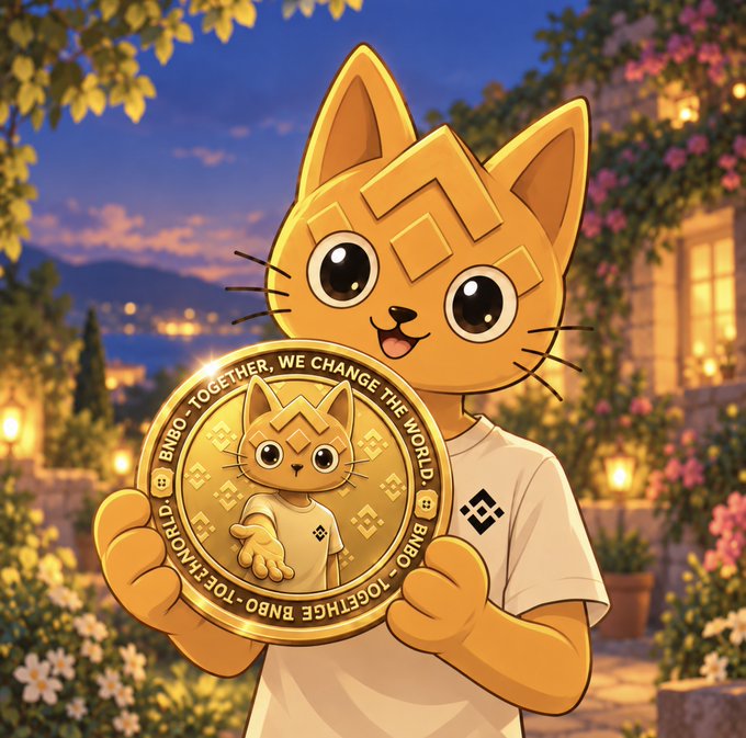A cartoon orange cat character holds up a large gold BNB (Binance Coin) medallion engraved with 'TOGETHER, WE CHANGE THE WORLD', set against a warm sunset garden backdrop.