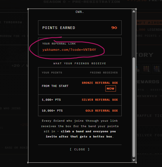 A dark-themed rewards page displaying 'POINTS EARNED 90', a referral link 'yakkamon.com/?code=VNTB4Y' circled in pink, and tiered Bronze, Silver, and Gold referral boxes.