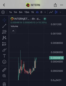 A cryptocurrency trading chart for the token 'INTERNI' on TradingView, showing a 4-hour chart with the price at 0.0004819, up 10.33%.