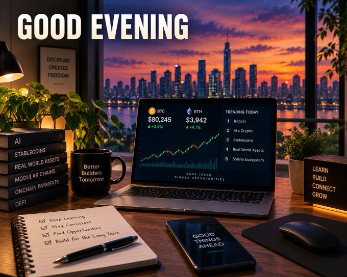 A 'GOOD EVENING' themed graphic showing a desk setup with a laptop displaying crypto charts (BTC $80,245, ETH $3,942), a checklist, and books about Web3 topics against a sunset cityscape.
