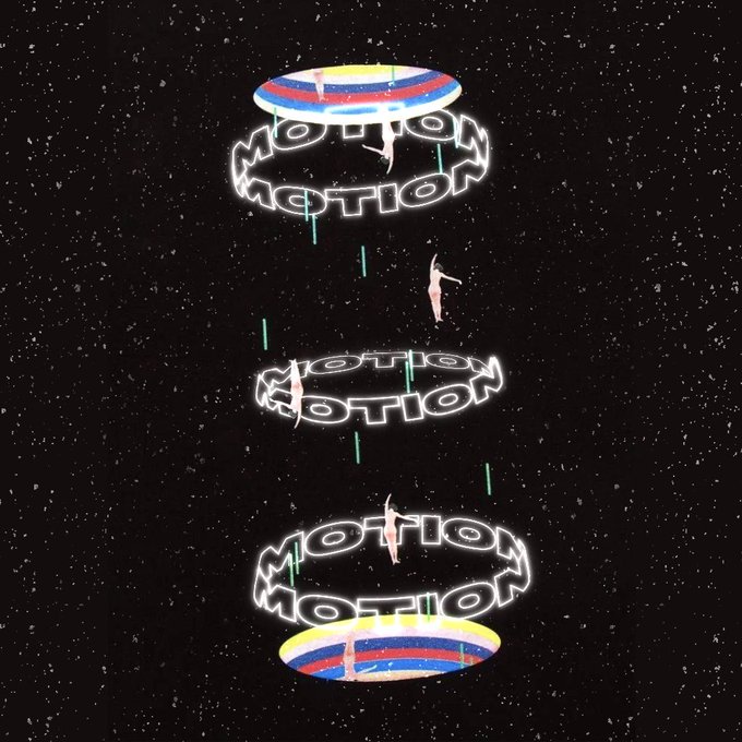 A surreal, psychedelic digital artwork against a starry black background, displaying three glowing, 3D 'MOTION' rings with a figure floating or falling between them.