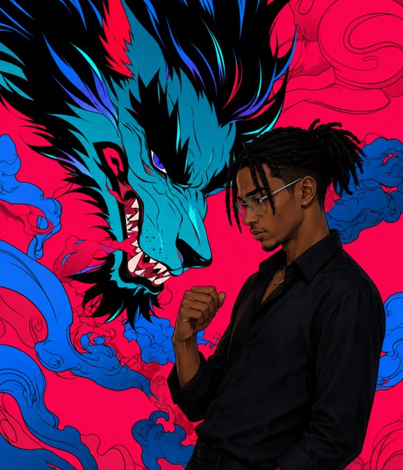 Stylized digital artwork featuring a young man in a black shirt with glasses facing off against a fierce blue and red werewolf-like creature against a swirling red and blue cloud background.