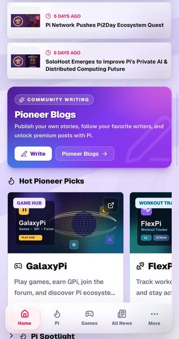 The Pi Browser is launching a new "Pioneer Blogs" feature where users can publish and read articles within the Pi ecosystem, as showcased in this screenshot.