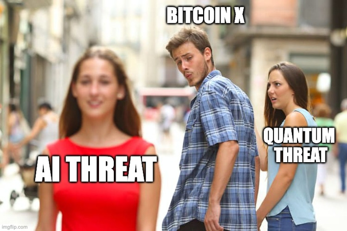 A 'Distracted Boyfriend' meme with text labels: the man in the center is labeled 'BITCOIN X', the woman in red he is turning toward is labeled 'AI THREAT', and his girlfriend labeled 'QUANTUM THREAT' looks on disapprovingly.
