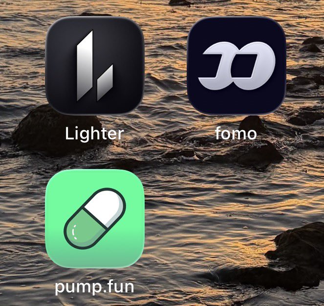 A smartphone home screen with a sunset ocean background displays three app icons labeled "Lighter," "fomo," and "pump.fun," directly highlighting the retail-focused crypto platforms mentioned in the post. The image visually reinforces the post's message about capturing retail interest by showcasing the apps as easily accessible tools on a personal device.