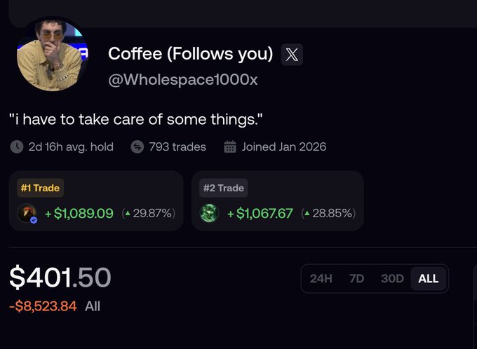 A screenshot of a crypto portfolio profile for 'Coffee (@Wholespace1000x)' displaying a balance of $401.50, down -$8,523.84, with top trades showing gains of +$1,089.09 and +$1,067.67.