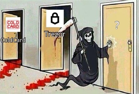 A grim reaper is knocking on a door labeled with a question mark, while the doors for ColdCard and Trezor show blood splatters and a broken lock, suggesting these hardware wallets might be compromised by 2026.