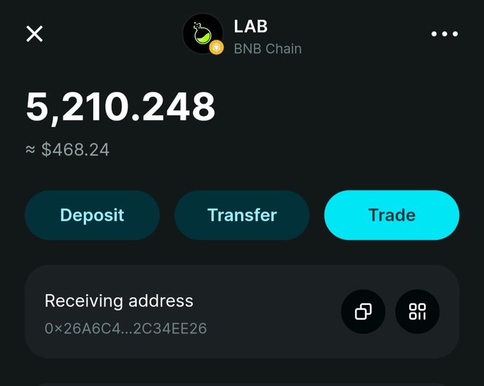 A mobile wallet interface showing a balance of 5,210.248 LAB tokens (approximately $468.24) on the BNB Chain, with Deposit, Transfer, and Trade buttons and a receiving address displayed.