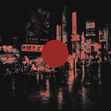 A stylized, red-tinted digital artwork of a bustling Japanese street scene with neon signs, a large red sun/circle in the center, and Japanese text including '沖縄そば' (Okinawa soba).