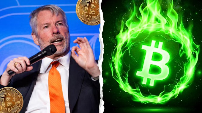 Composite image of MicroStrategy's Michael Saylor speaking alongside a flaming green Bitcoin logo and physical Bitcoin coins.