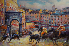 A vibrant painting depicting a horse race with jockeys speeding past a colorful, historic European-style cityscape with grand architecture and a triumphal arch.