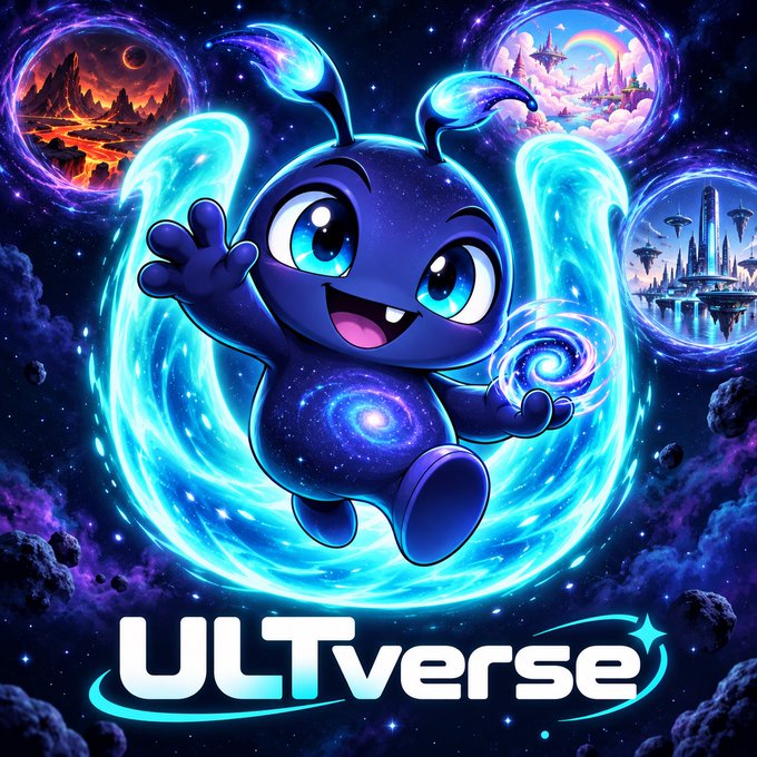 A digital illustration of a cute blue alien-like creature surrounded by blue energy swirls, with fantasy planets in the background and the text 'ULTverse' at the bottom.