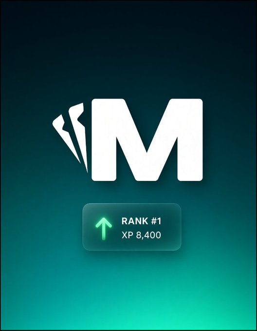 A mobile game screen showing a large white 'M' logo on a teal gradient background, with a button below indicating 'RANK #1' and 'XP 8,400'.