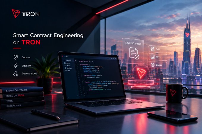 A promotional graphic for TRON displays the headline "Smart Contract Engineering on TRON" alongside bullet points "Secure," "Efficient," and "Decentralized," featuring a laptop, coffee mug, and a futuristic cityscape.