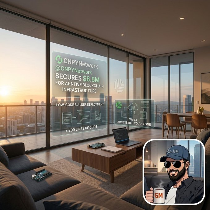 A modern high-rise living space overlooks a sunset cityscape with AR overlays announcing "@CNPYNetwork secures $8.5M for AI-native blockchain infrastructure," highlighting its low-code builder deployment requiring less than 200 lines of code and Web3 accessibility for anyone, while a cartoon avatar in the corner holds a "GM" mug—matching the post's cheerful morning announcement of Canopy's funding milestone and streamlined developer tooling.
