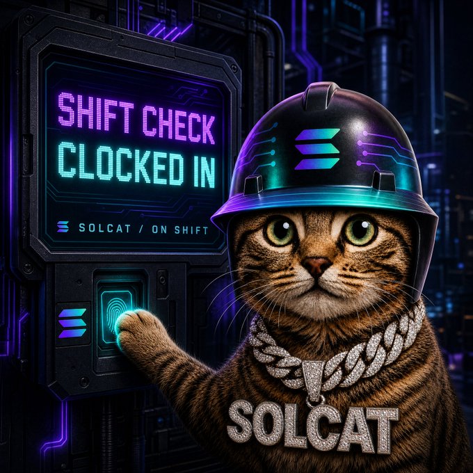 A digital illustration of a tabby cat wearing a hard hat and a diamond 'SOLCAT' chain, pressing a fingerprint scanner on a neon-lit machine that reads 'SHIFT CHECK CLOCKED IN'.