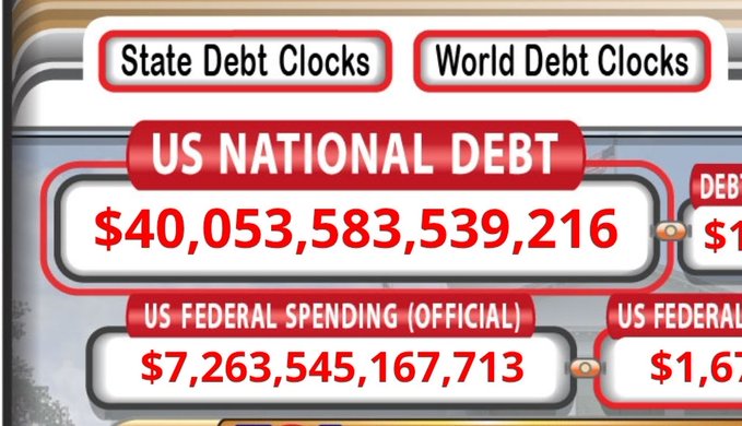 A debt clock display shows the 'US NATIONAL DEBT' at '$40,053,583,539,216' and 'US FEDERAL SPENDING (OFFICIAL)' at '$7,263,545,167,713', with tabs for 'State Debt Clocks' and 'World Debt Clocks' above.