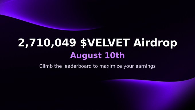 Dark promotional graphic with purple accents announcing a '2,710,049 $VELVET Airdrop' on August 10th, encouraging users to climb the leaderboard.