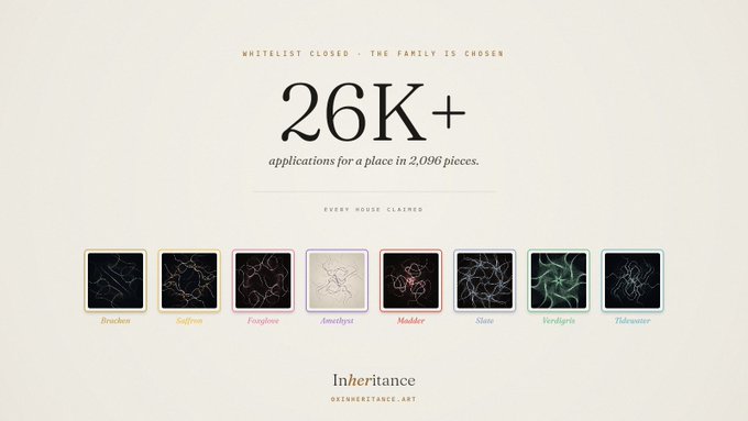 A promotional graphic for the "Inheritance" NFT collection at inheritance.art, announcing "WHITELIST CLOSED - THE FAMILY IS CHOSEN" with "26K+ applications for a place in 2,096 pieces" and displaying eight claimed event houses (Bruchen, Sulfros, Foxglove, Amethyst, Madder, Slate, Verdigris, Tidewater). This relates to the post by securing maximum allocations for N3RDROOF members.