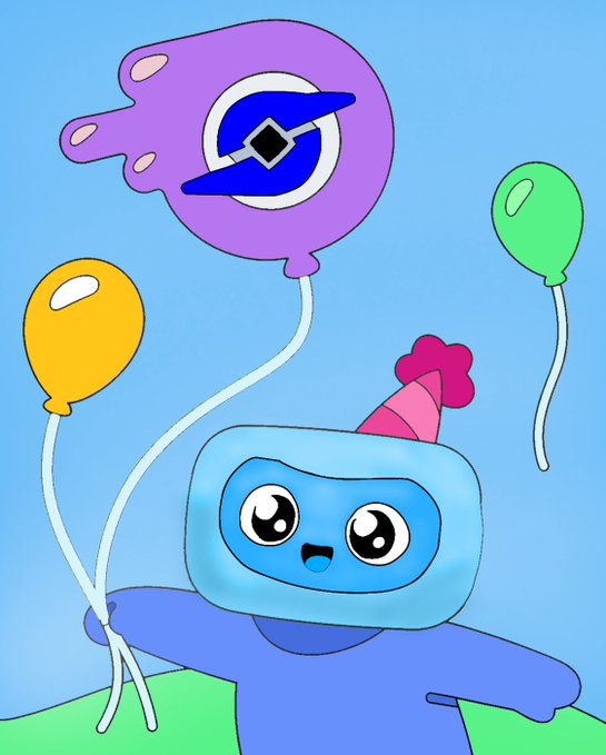A cartoon-style digital illustration of a cute blue character wearing a scuba mask and party hat, holding colorful balloons against a light blue background.